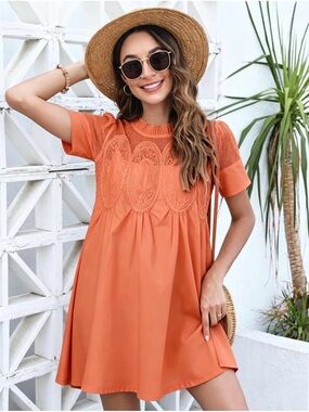 Burnt Orange Lace Yoke Babydoll Mini Dress Size Large Boho Cottagecore, NWT